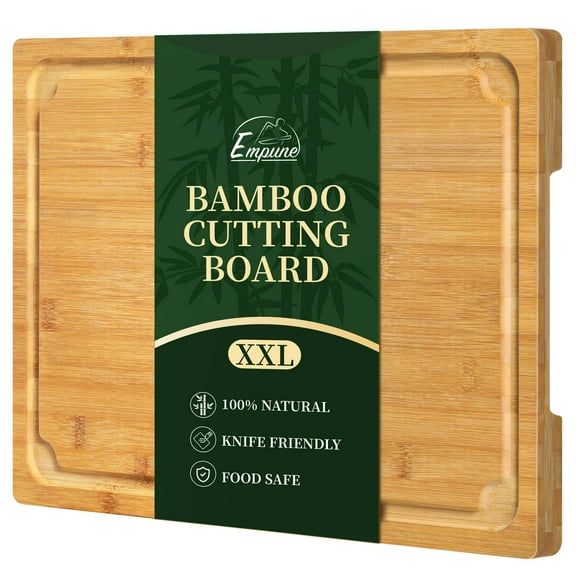 Empune Extra Large Bamboo Cutting Board, 19.9" Wooden Chopping Board for Kitchen with Juice Groove and Built-in Handles