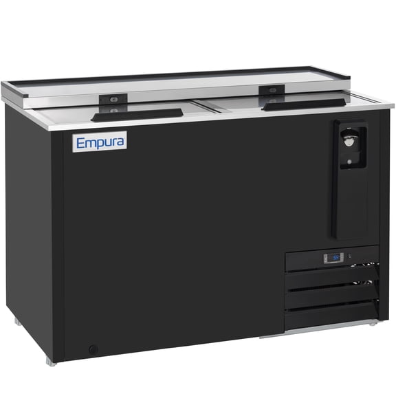 Empura 49" Horizontal Bottle Cooler | Flat Top Insulated Commercial Refrigerator for Bar Craft Beer Soda | 216 12-Oz Bottle Capacity | 49.4”W x 27”D x 35”H, Stainless Steel Top, Black, 115v, NSF