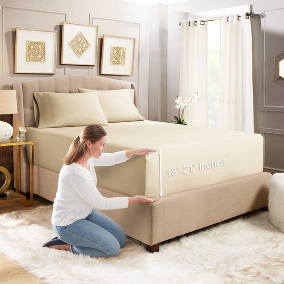 Empyrean Bedding 3 Piece Sheet Set - Premium 18” - 21” Extra Deep Pocket Fitted Sheet with 2 Pillowcases – Full, Cream Beige
