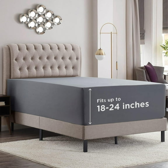 Empyrean Charcoal Grey Extra Deep Pocket Fitted Sheet Queen, Hotel Luxury Queen Only Easily Fits 18 to 24 Inch Mattress, Super Soft, Wrinkle-Free Bottom Sheets with Corner Straps