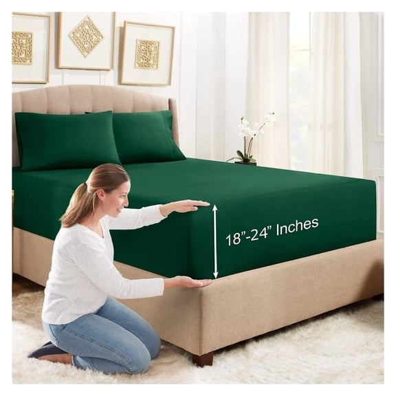 Empyrean Deep King Size Bed Sheets - 24" Extra Deep Fitted with 2 Pillowcases - 3 Piece Bed Sheet Set - Green Hunter Green