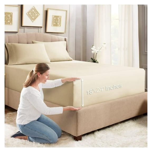 Empyrean Extra Deep Fitted Sheets King Size - 24" Extra Deep Fitted Sheets with 2 Pillowcases - 3 Piece Extra Deep Fitted Bed Sheet - Extra Deep King Fitted Bed Sheets - Cream Beige