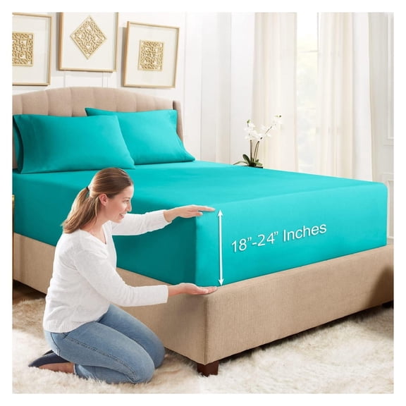 Empyrean Extra Deep Pocket Queen Fitted Sheet, 24" Deep Pocket Queen Sheet with 2 Pillowcases, 3 PC Fitted Sheet Queen Size, Queen Sheets Deep Pocket with 4 Corner Elastic Strap, Teal Blue