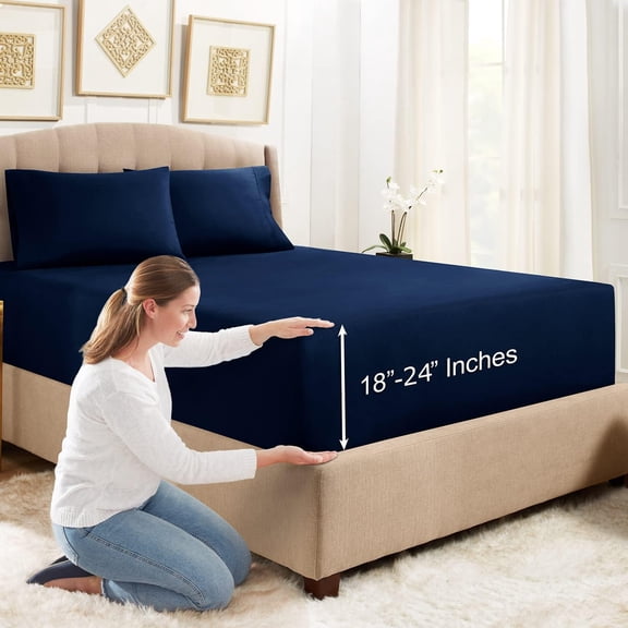 Empyrean Extra Deep Pocket Queen Fitted Sheet, 24" Deep Pocket Queen Sheet with Bonus 2 Pillowcases, 3 PC Fitted Sheet Queen Size, Queen Sheets Deep Pocket with 4 Corner Elastic Strap, Navy Blue