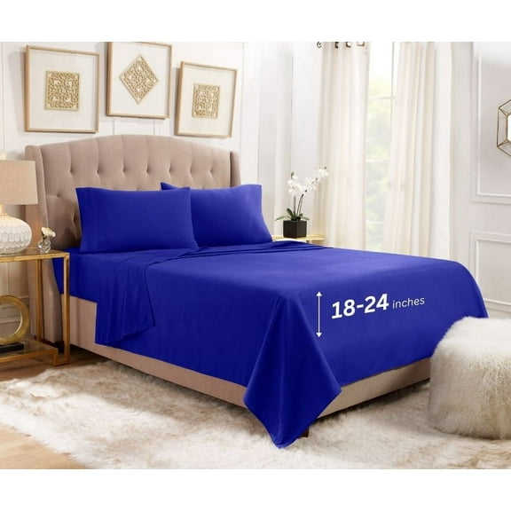 Empyrean Sheet Set (4pc) Microfiber 24" Extra Deep Pocket Bed Sheet Set, Twin, Royal Blue