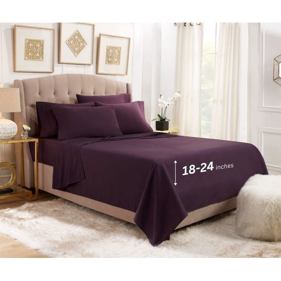 Empyrean Sheet Set (6pc) Microfiber 24" Extra Deep Pocket Bed Sheet Set, King, Purple Eggpplant