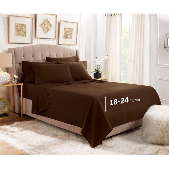 Empyrean Sheet Set (6pc) Microfiber 24" Extra Deep Pocket Bed Sheet Set, Queen, Brown