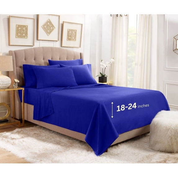 Empyrean Sheet Set (6pc) Microfiber 24" Extra Deep Pocket Bed Sheet Set, Queen, Royal Blue