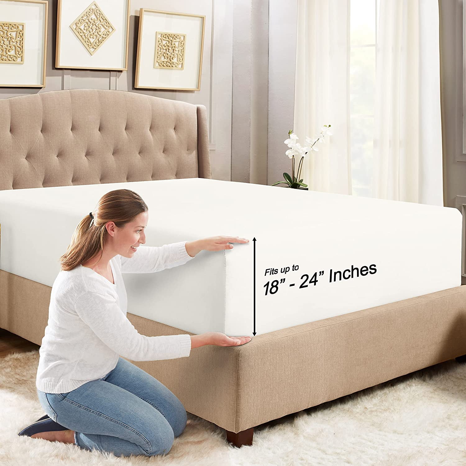 Empyrean Split King Sheets Deep Pockets Fitted Sheets, White Split King