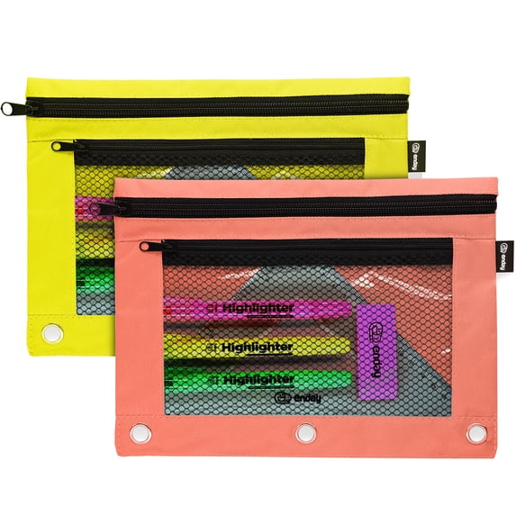 Emraw 3 Ring Holes Pencil Pouch Case Zipper Bags, Yellow & Red (2 Pack)
