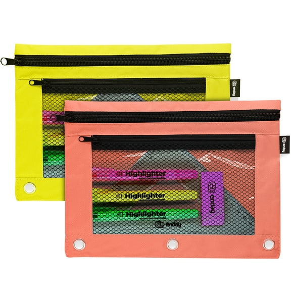 Emraw Double Pocket Zipper Pencil Pouch with 3 Rings Hole(2pk)