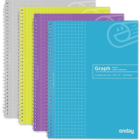 Graph Paper Notebook (4 Pack) Grid Notebook, Graph paper spiral notebook, Graph notebook, 4 Squares per inch Grid paper notebook, White Paper Quad Ruled Spiral Assorted Colors - by Enday