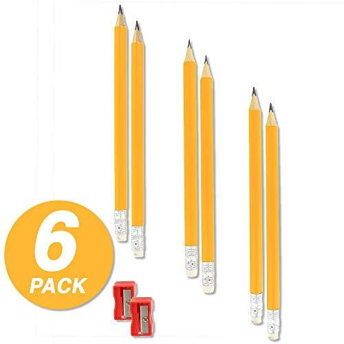 Emraw Pre Sharpened Triangular Pencils with Bonus Sharpener, #2 HB Lead, Yellow, 6 Count, 2 Pack