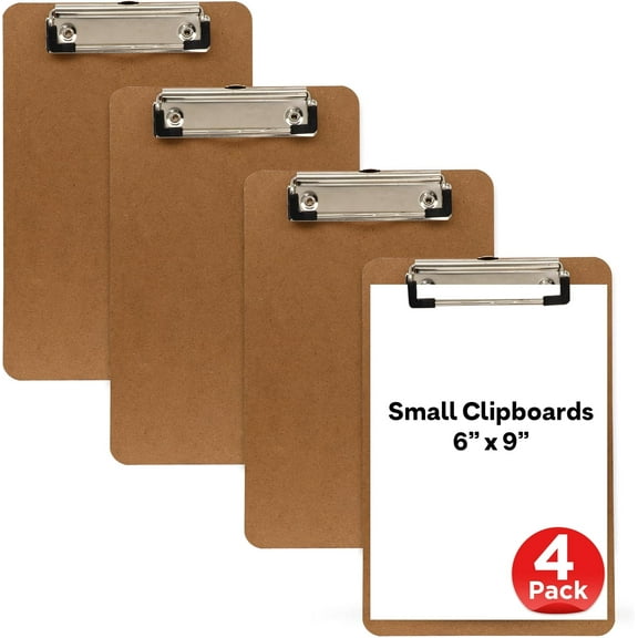 Emraw Small Memo Pad Size Clipboards (6" x 9") Sturdy Durable Wood Hardboard Polished Metal Spring Clip with Hanging Hole for Home, Offices, Schools, Hospitals, Factories - 4 Pack