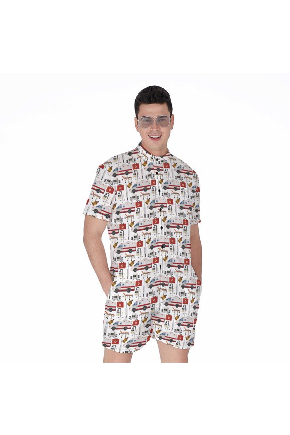 Ems Paramedic Pattern Short Sleeve Men'S Rompers Casual Summer Jumpsuits Outfit