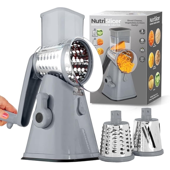 Emson Rotary Cheese Grater with Handle Hand Crank, Cheese Shredder with 3 Blades, Cheese Graters for Kitchen, Vegetable Shredder, Rotary Grater with Suction Cup Base, Dishwasher Safe, Gray