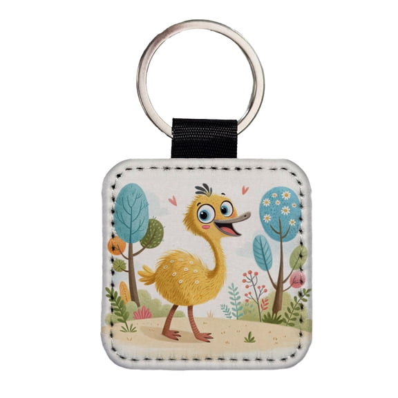Emu Children's Illustration Style Faux Leather Square Keychain