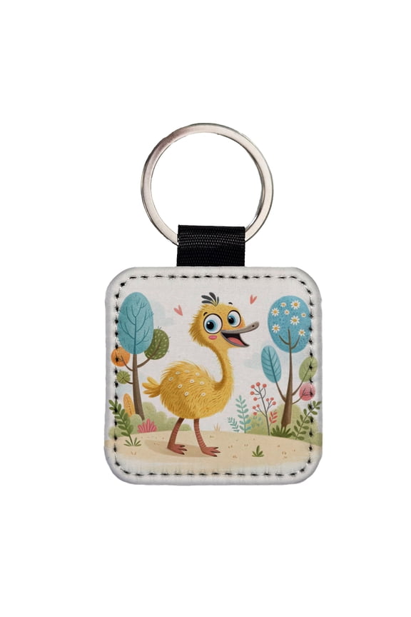 Emu Children's Illustration Style Faux Leather Square Keychain