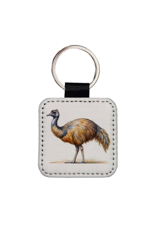 Emu Standing Watercolor Faux Leather Square Keychain