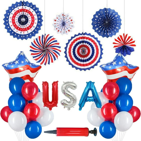 Emulsion Balloons & Patriotic Umbrella Decor Set with Air Pump for Baseball Theme Baby Shower, Graduation, Independence Day, Veterans Memorial Day Party Supplies