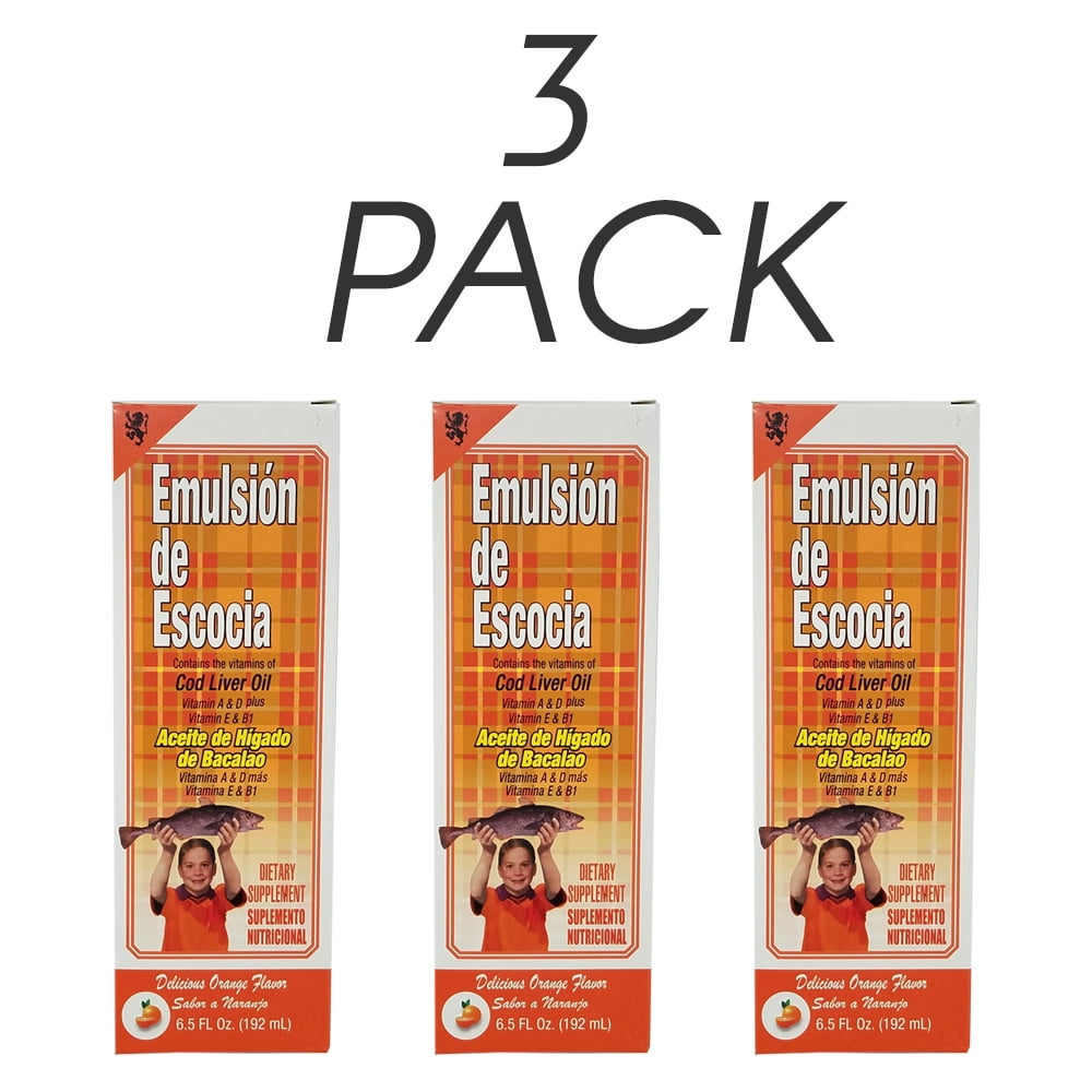 Emulsion de Escocia. Cod Liver Oil Dietary Supplement. Rich in Vitamins A, D, E and B1. Orange Flavored. 6.5 Fl.Oz / 192 mL. Pack of 3