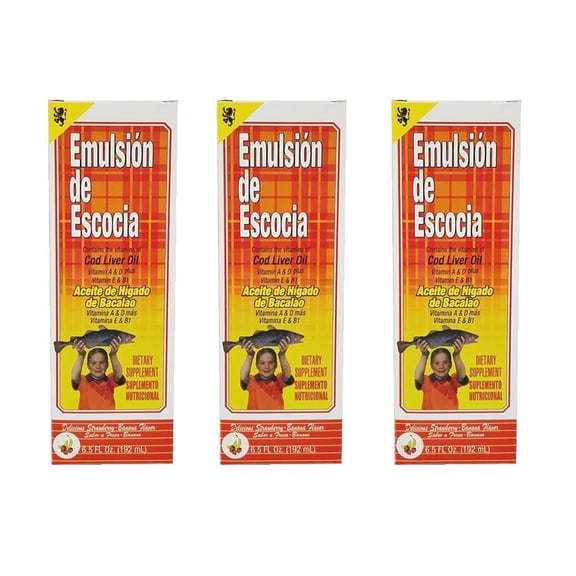 Emulsion De Escocia. Cod Liver Oil Dietary Supplement. Rich in Vitamins A, D, E and B1. Strawberry & Banana Flavour. 6.5 fl.oz. Pack of 3