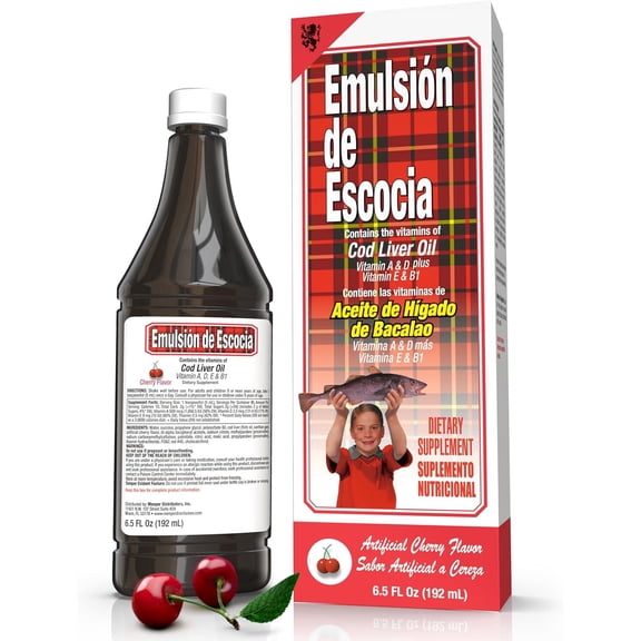 EMULSION DE ESCOCIA Cod Liver Oil Liquid Omega-3 Vitamins A D E B1 Immune & Bone Support Cherry Flavor Dairy-Free 1 Count 6.5 fl oz