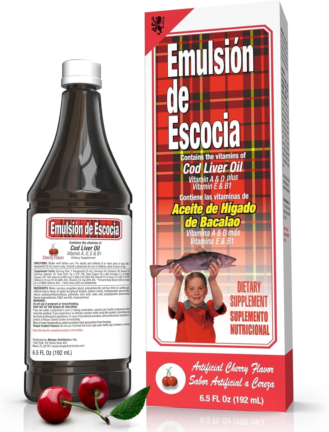 EMULSION DE ESCOCIA Cod Liver Oil Liquid Omega-3 Vitamins A D E B1 Immune & Bone Support Cherry Flavor Dairy-Free 1 Count 6.5 fl oz