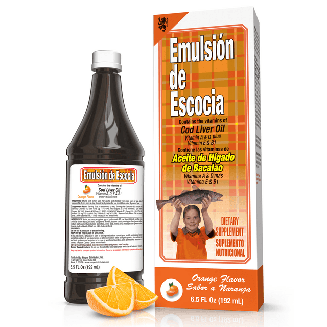 Emulsión de Escocia Orange Flavor, Cod Liver Oil Liquid, Omega-3, Multivitamin for Kids, 15.3 oz (1 Pack)