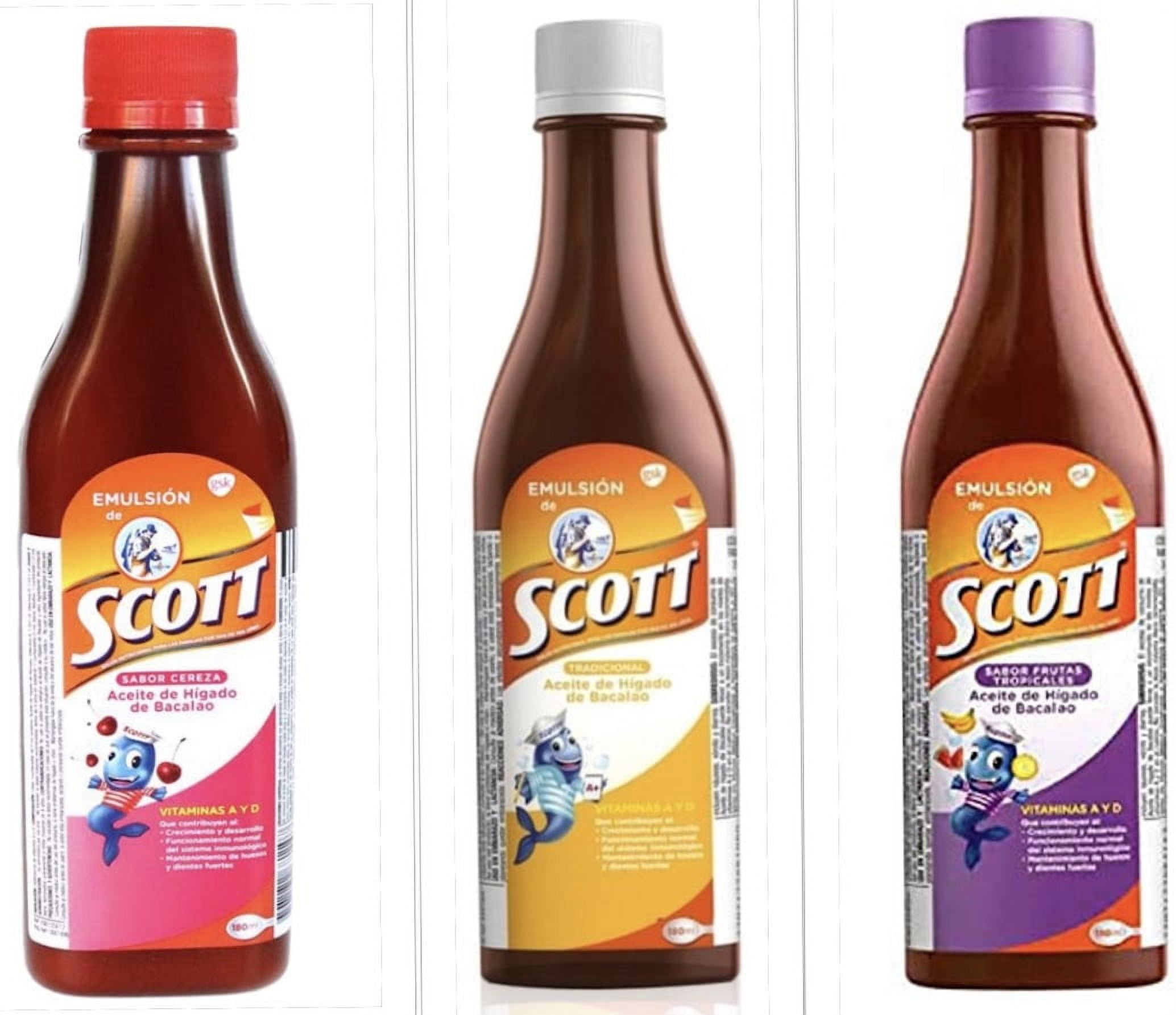 Emulsion de Scott Sabor (1) Tradicional(1)Cherry (1) Frutas Tropicales 3  PACK COMBO / Cod Liver Oil. Traditional flavor. Vitamins A & D. 180ml EACH