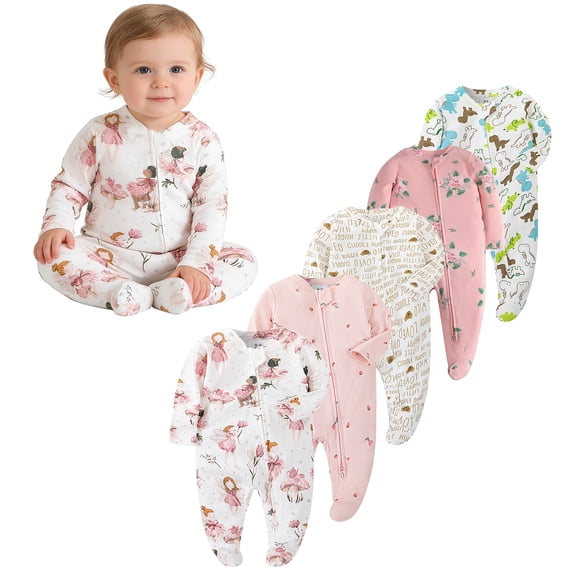Emy Dola 0-12M Baby Girl's Zipper One-Piece Footies 100% Cotton Newborn Bodysuit Infant Long Sleeve Fall Spring Coming Home Jumpsuit