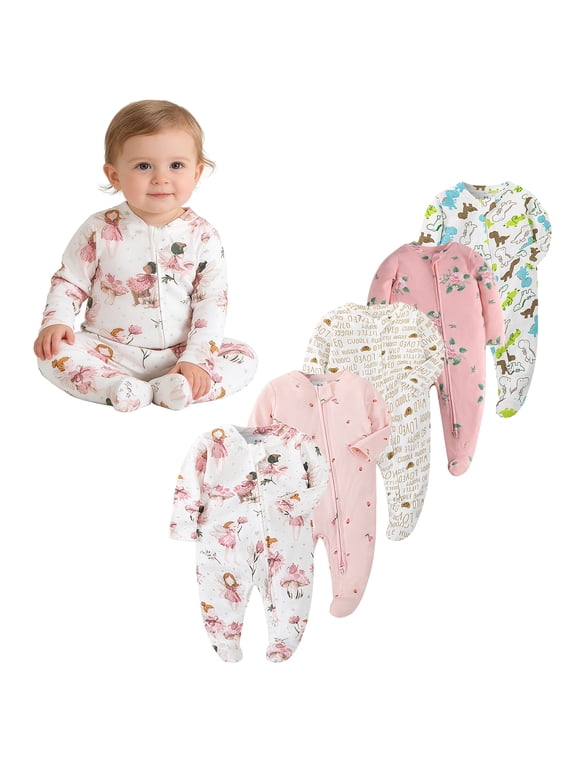 0-12M Baby Girl's Zipper One-Piece Footies 100% Cotton Newborn Bodysuit Infant Long Sleeve Fall Spring Coming Home Jumpsuit