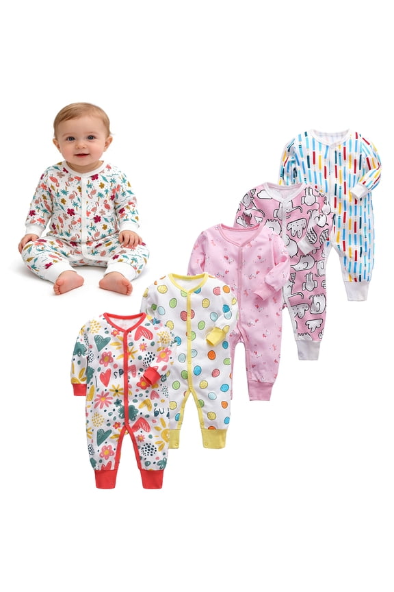 0-24M Baby Girls Long Sleeve Jumpsuit Snap Up Infant One-Piece Bodysuit Newborn Spring Fall Clothes-Flamingo