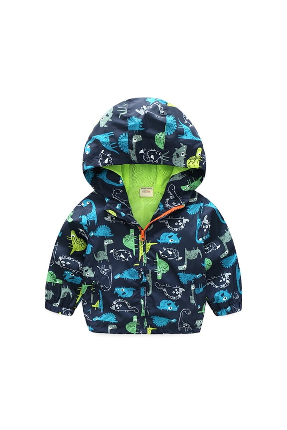 1-6T Kids Baby Boy Dinosaur Hooded Zip Up Jackets Windbreaker Casual Outerwear Lightweight Toddler Long Sleeve Raincoat
