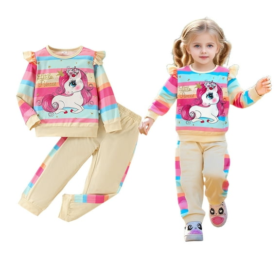 Emy Dola 1-7 Years Toddler Baby Girls Ruffled Long Sleeve 2 Pieces Sweatshirt Outfits Kids Rainbow Stripes Unicorn Sweatshirt Tops and Pants Set