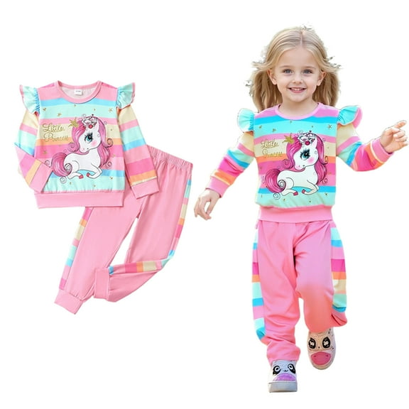 Emy Dola 1-7 Years Toddler Baby Girls Ruffled Long Sleeve 2 Pieces Sweatshirt Outfits Kids Rainbow Stripes Unicorn Sweatshirt Tops and Pants Set