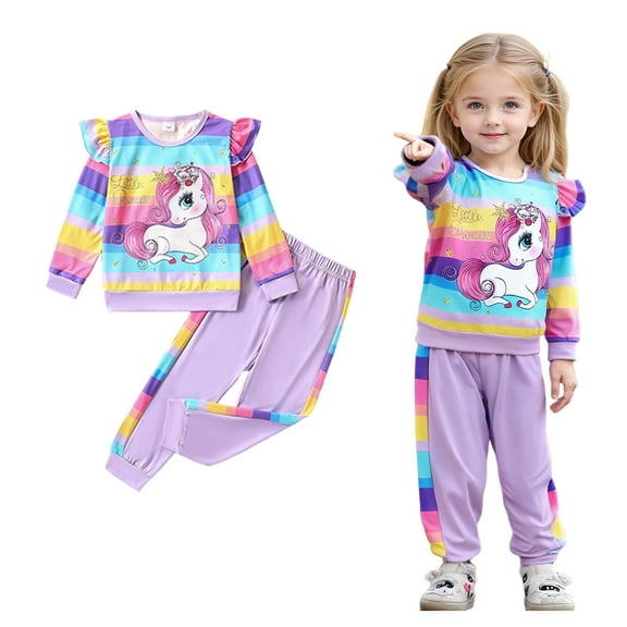 Emy Dola 1-7 Years Toddler Baby Girls Ruffled Long Sleeve 2 Pieces Sweatshirt Outfits Kids Rainbow Stripes Unicorn Sweatshirt Tops and Pants Set