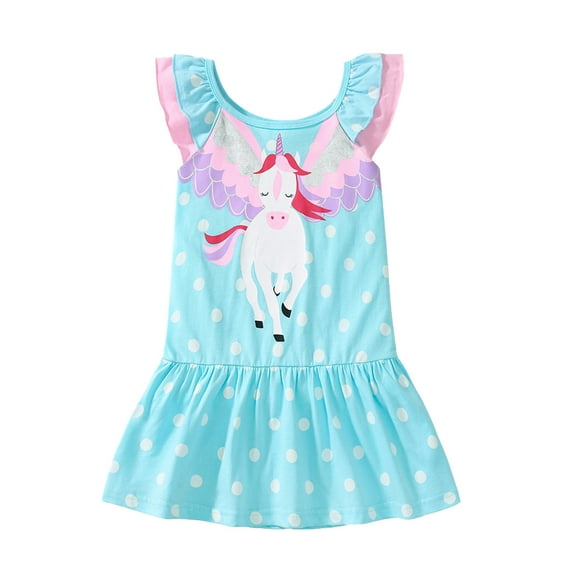 Emy Dola 100% Cotton 2-7T Little Girls Ruffle Sleeve Casual Dress Cartoon Unicorn Dot Tunic Summer Dress
