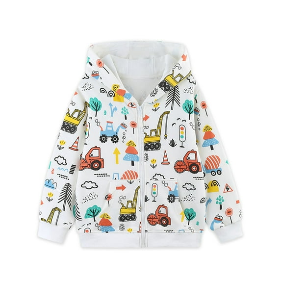 Emy Dola 2-7 Years Boys Casual Zipper Hoodie Jacket Toddler Boy's Dinosaur Truck Prints Long Sleeve Sweatshirt Tops Kids Fall Winter Coats