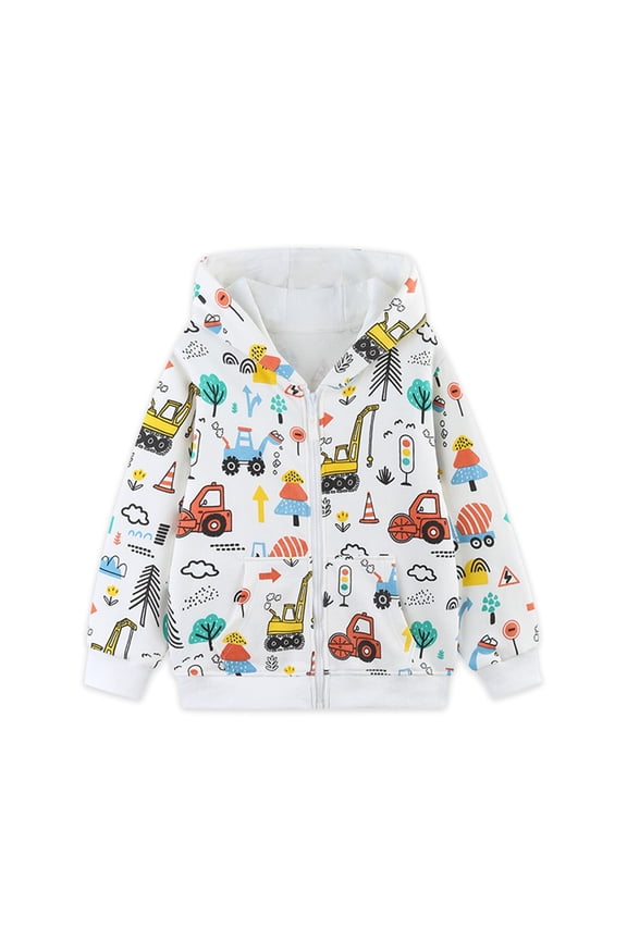 2-7 Years Boys Casual Zipper Hoodie Jacket Toddler Boy's Dinosaur Truck Prints Long Sleeve Sweatshirt Tops Kids Fall Winter Coats