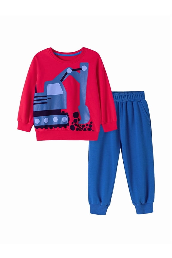 2-7 Years Little Boys Long Sleeve Sweatshirt Tops and Pants Outfits Kids Casual Cotton Cartoon Crocodile Excavator Prints Pants Outfits