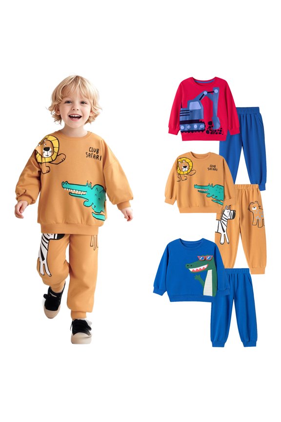 2-7 Years Little Boys Long Sleeve Sweatshirt Tops and Pants Outfits Kids Casual Cotton Cartoon Crocodile Excavator Prints Pants Outfits