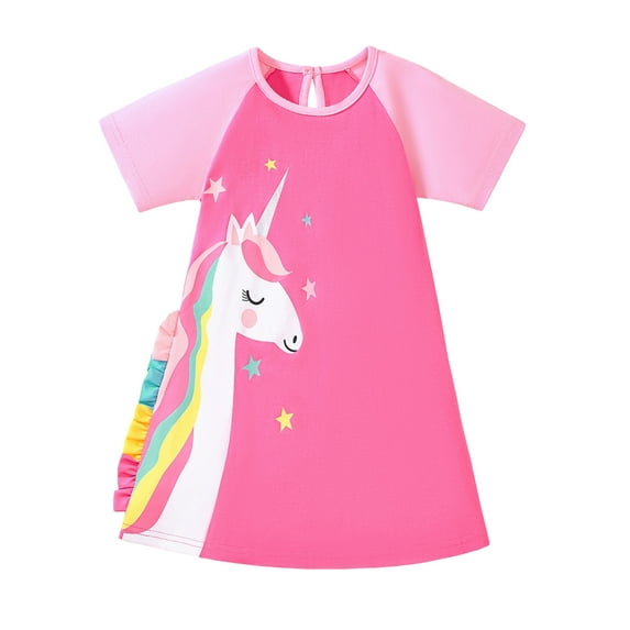 Emy Dola 2-7T Little Girl Cotton Casual Dress Short Sleeve Colorful Unicorn Graphic T-shirt Dresses