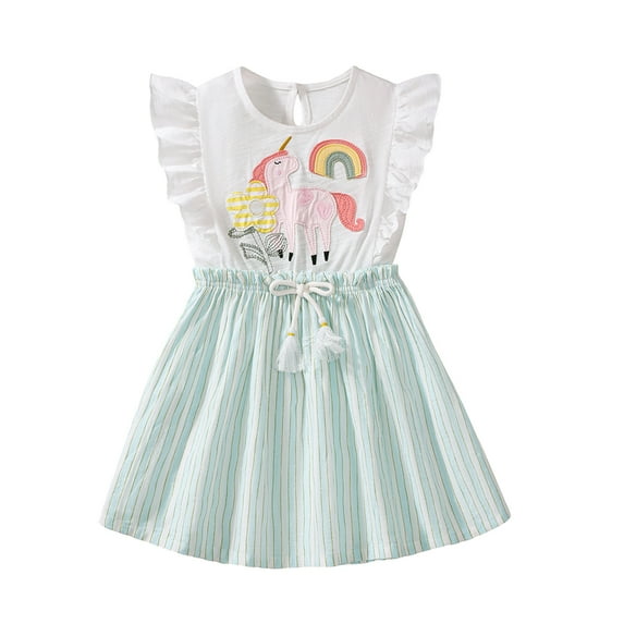 Emy Dola 2-7T Little Girl Ruffled Sleeve Casual Dress Toddler Elastic Unicorn Applique Tunic Shirt Dresses