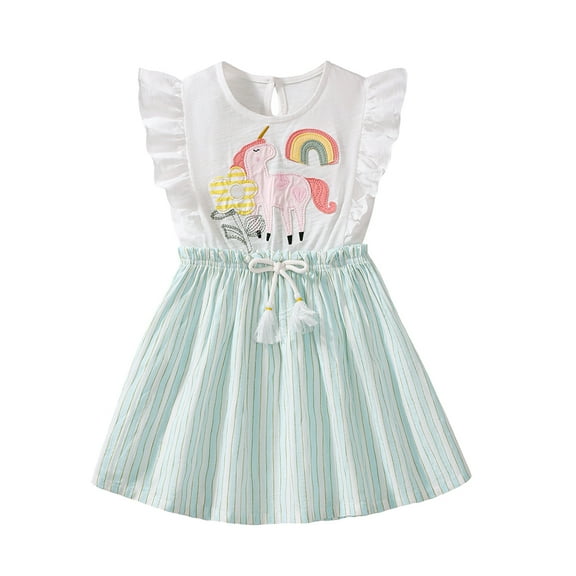 Emy Dola 2-7T Little Girl Ruffled Sleeve Casual Dress Toddler Elastic Unicorn Applique Tunic Shirt Dresses