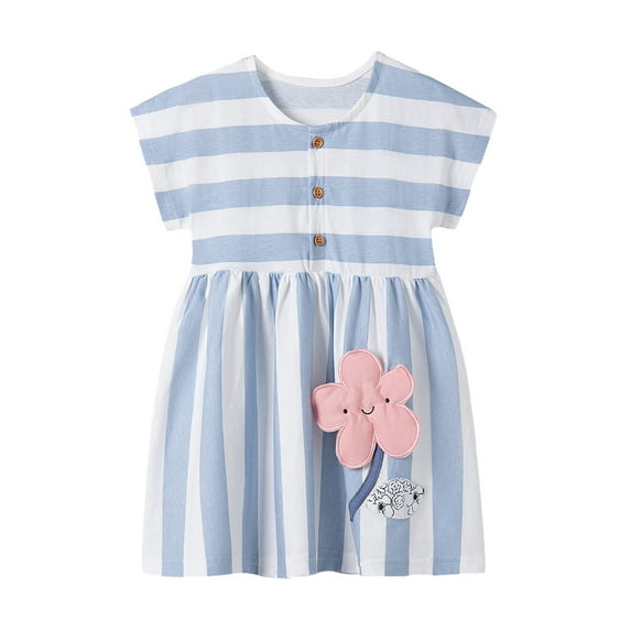 Emy Dola 2-7T Little Girls Cotton Dress Striped Applique Flowers Short Sleeve Summer Sundress