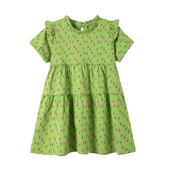 Emy Dola 2-7T Little Girls Green Floral Cotton Dress Princess Short Sleeve A-line Summer Dresses