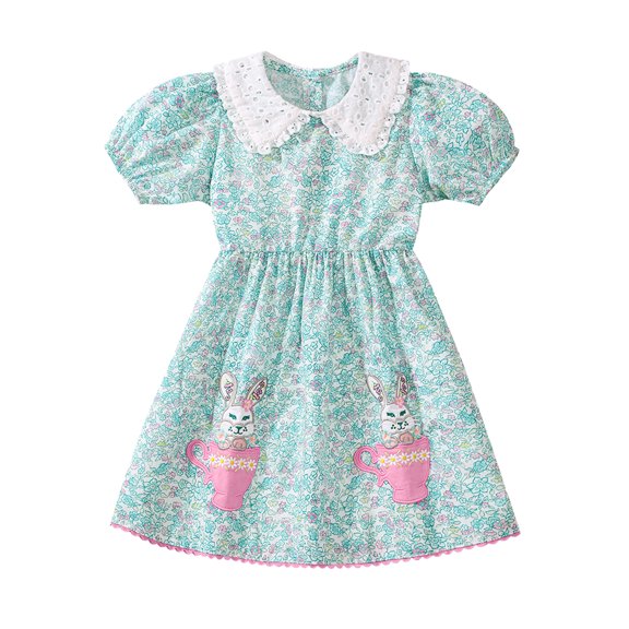 Emy Dola 2-7T Little Girls Lace Lapel Collar Cotton Dress Short Sleeve Foral Bunny Applique Tunic Summer Dresses