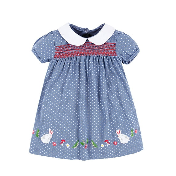 Emy Dola 2-7T Little Girls Lapel Collar Mini Dress Casual Cotton Short Sleeve Bunny Applique A-line Summer Dresses