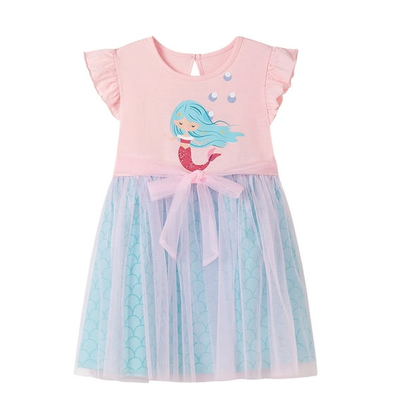 Emy Dola 2-7T Ruffle Sleeve Tutu Dress for Little Girls Ribbon Bowknot Mermaid Tulle Dress for Wedding Birthday Party
